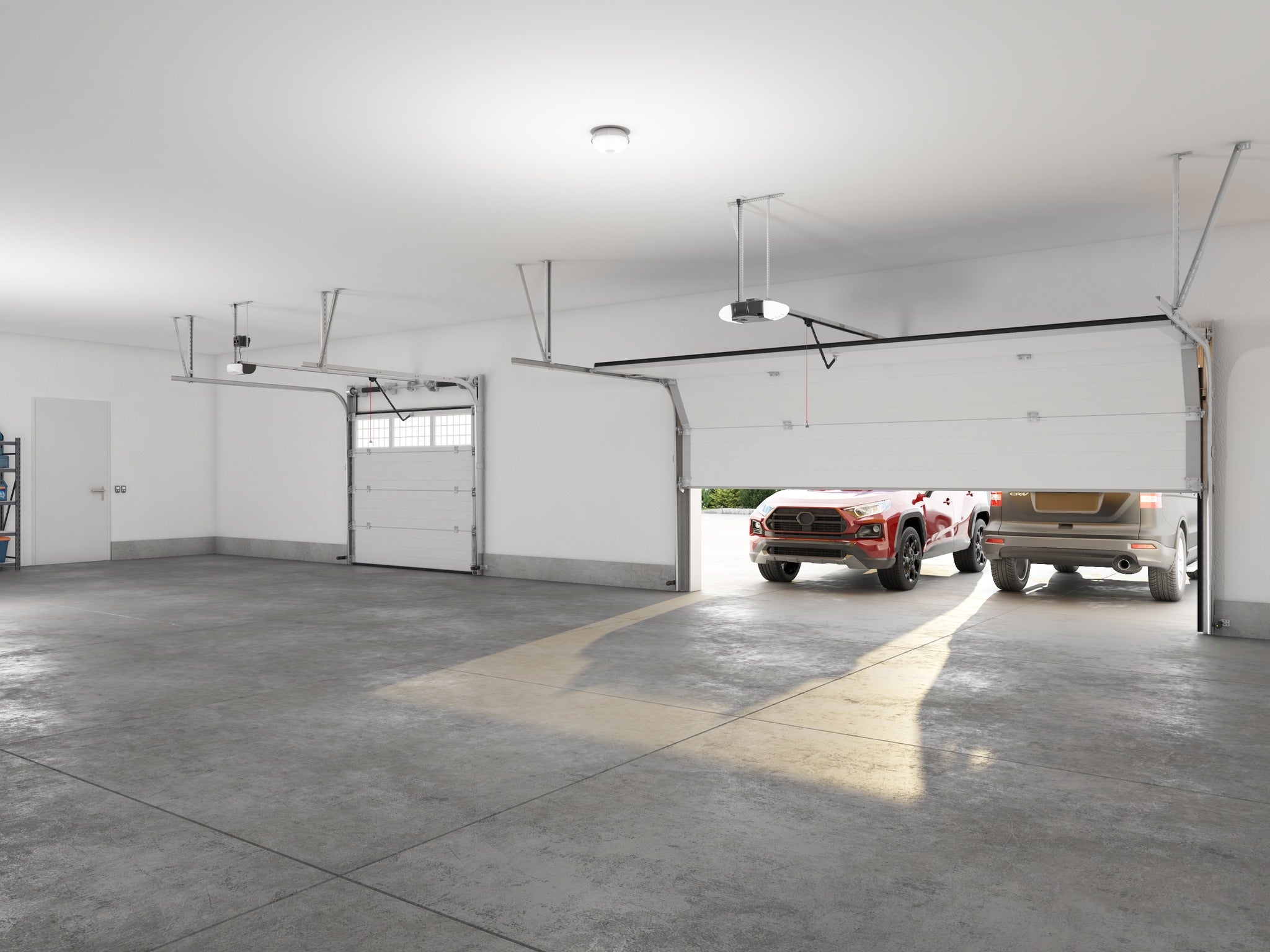 Inside a garage where the garage door is opening. 